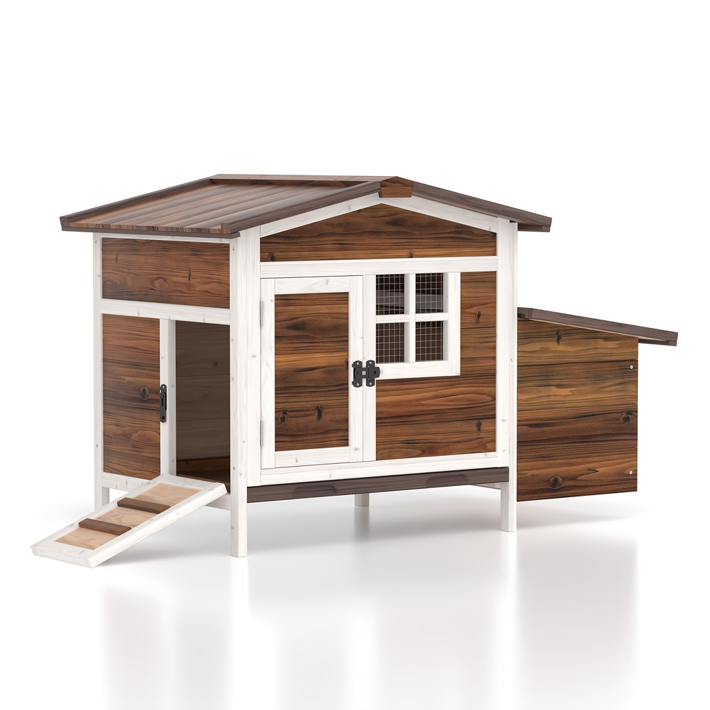 Hen House Outdoor Wooden Chicken Coop with Nesting Box Ramp Removable Tray Elevated Design Fir Wood for Garden, Patio and Yar