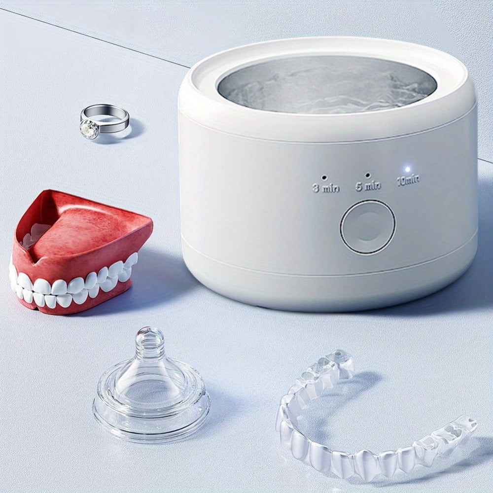 Electric Ultrasonic Cleaner Machine for Dentures Jewelry & Glasses – USB Rechargeable 3 Speeds Auto Timer 180ml Tank One-Touc