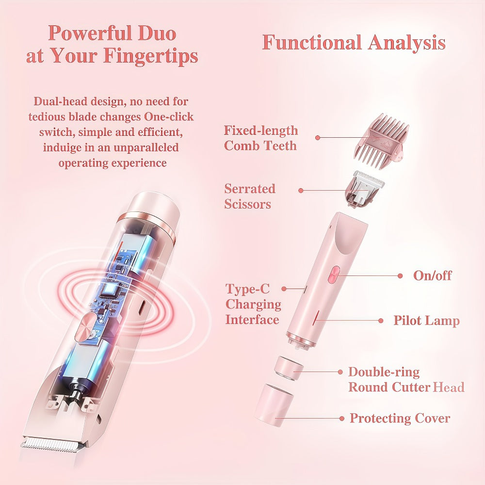 Electric Hair Trimmer for Women Dual Head IPX7 Waterproof USB Rechargeable Painless Bikini Trimmer Face Body Shaver Arms Legs