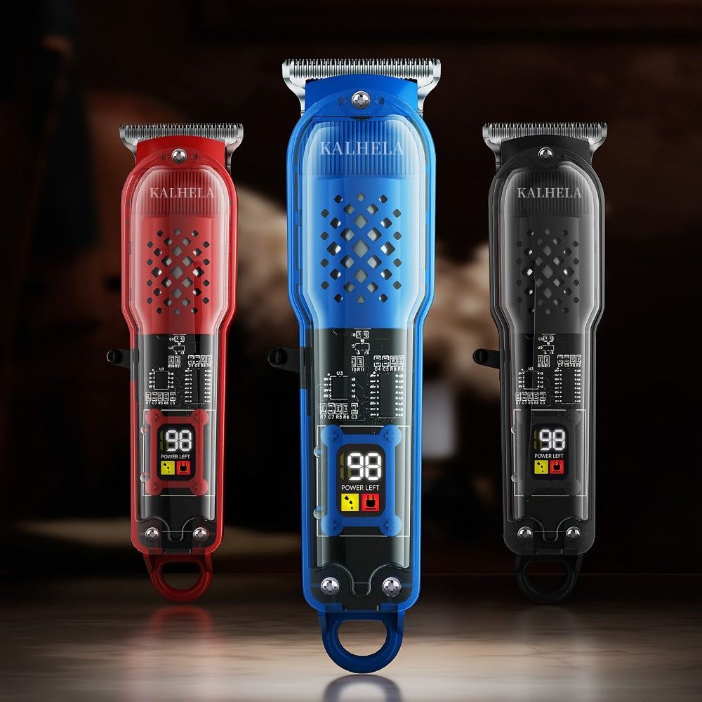 Transparent Electric Hair Clipper with Digital Display, Four Guide Combs, Grooming Tools and Red, Black or Blue Finish — imag