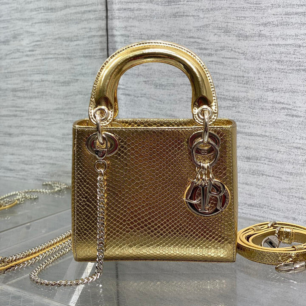 Dior Lady Women's Solid Color Metal Pendant Detachable Chain Shoulder Strap Snake Skin Single Shoulder Crossbody Handbag Bag Bags #77722