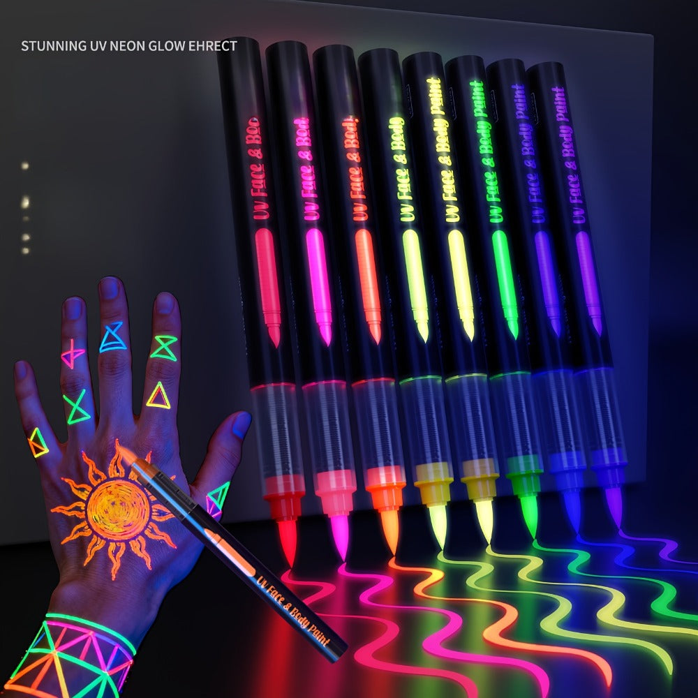 Face Body Paint Pen Set 8 Colors with 105 Tattoo Stencils, Glow in the Dark Neon UV Blacklight Face Paint — image 9