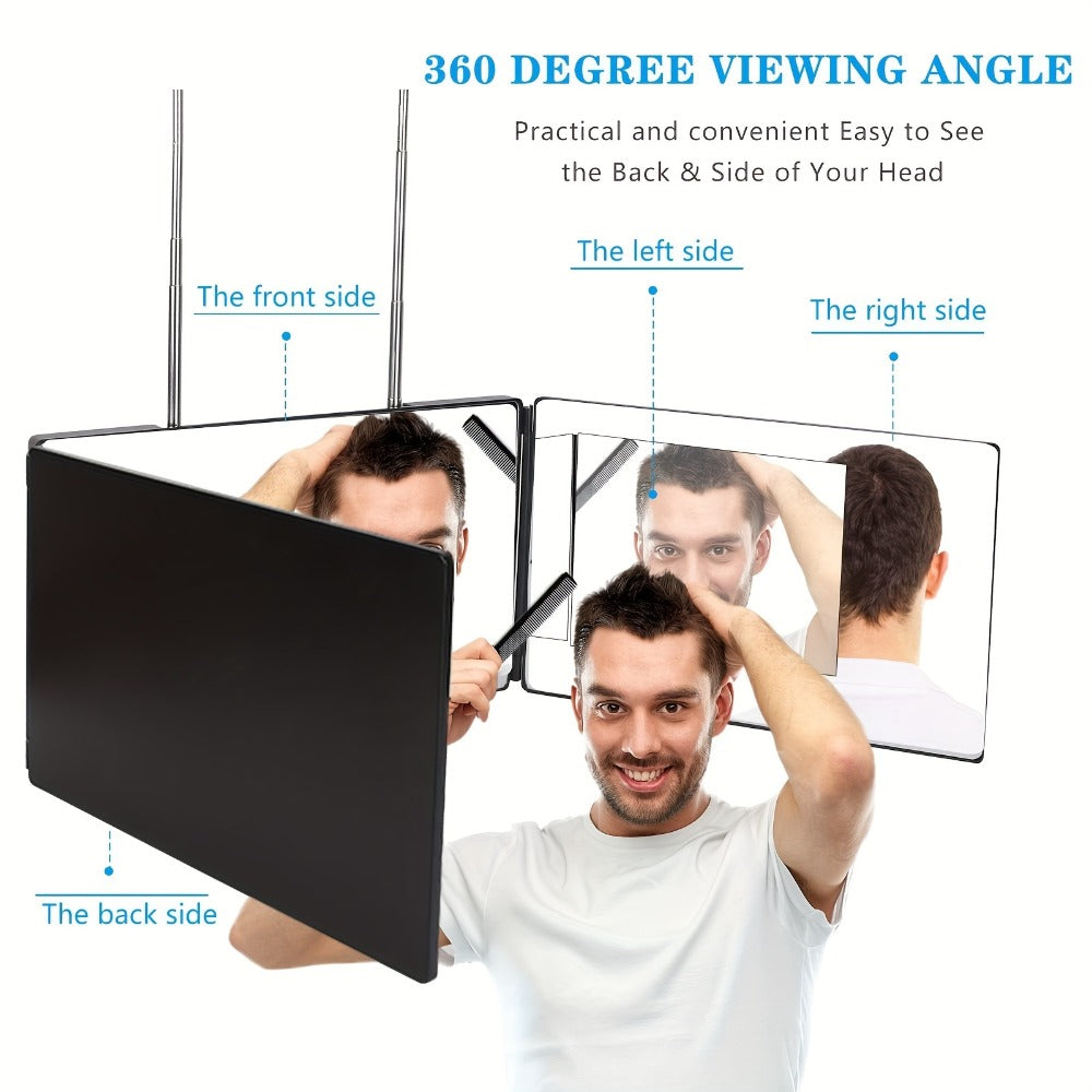Self Hair Cutting Mirror 360° View 3-Way Anti-Fog HD Glass with 10X Magnifying Mirror – Height Adjustable Door Wall Table Mou