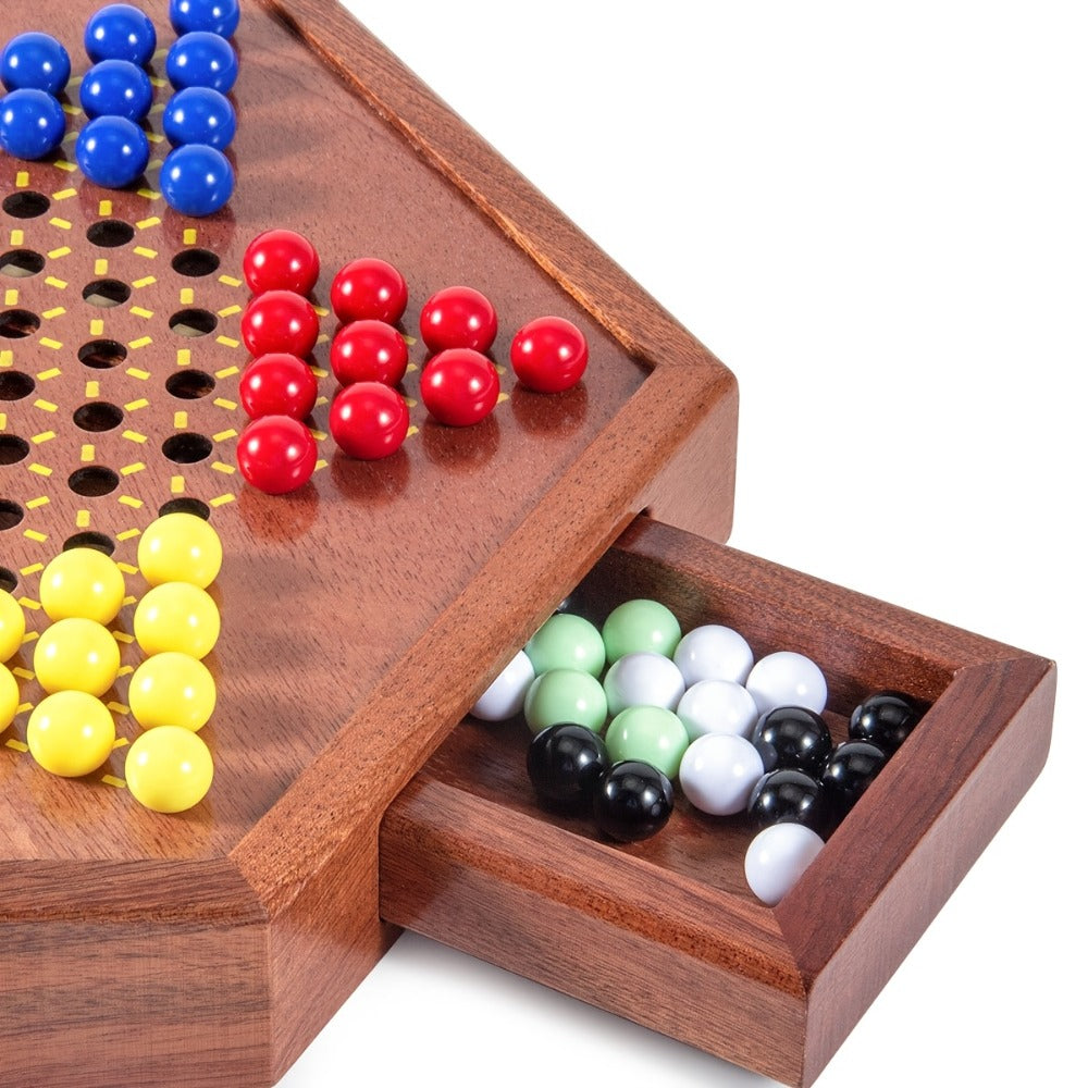 Deluxe Wooden Chinese Checkers Game Set 12.5 Inch Hexagonal Board with Storage Drawer 60 Acrylic Marbles — image 5