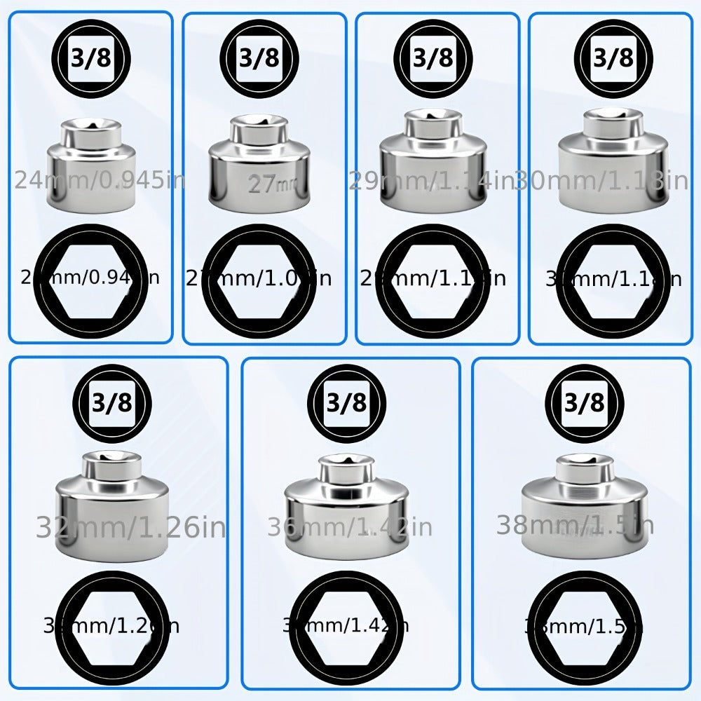 7-Piece Oil Filter Wrench Socket Set – CR-V Steel Hexagonal Cap Wrenches 24mm to 38mm, 3/8-Inch Drive, Universal Fit for Car 