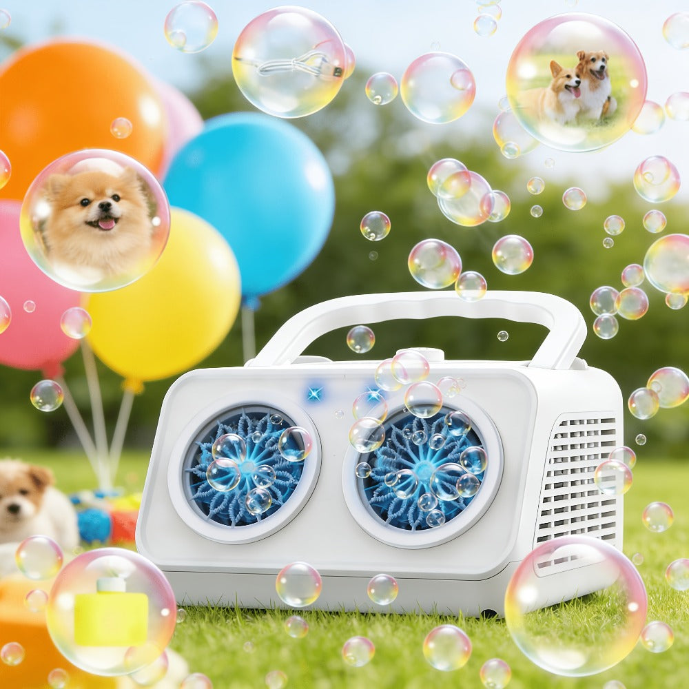 White Dual-Wheel Bubble Machine with Material Thickened Label, Handle, USB Port and Battery Compartment — image 10