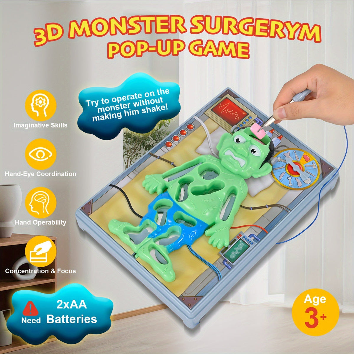 Operation Monster Board Game for Kids, Steady Hand Skill Game with Tweezers, 3D Monster Pieces, Fun Family Game Night for Age