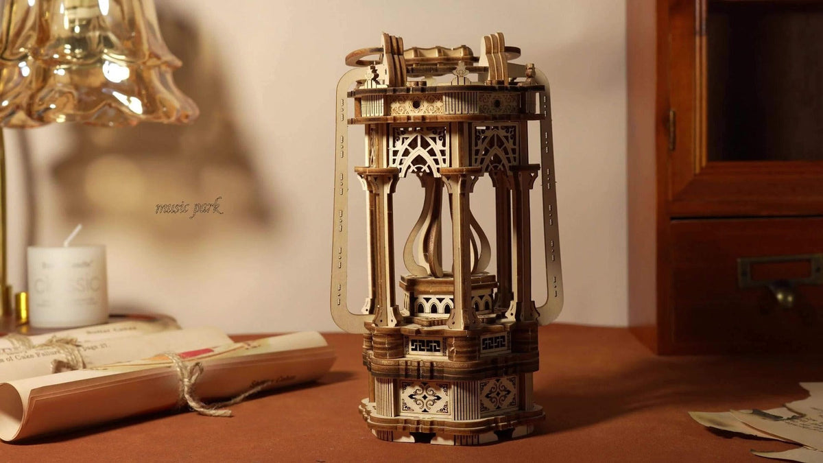 LED Wooden Lantern Model Kit, Rotating Mechanical 3D Wooden Puzzle for Adults & Teens, Glowing Vintage Desk Decor Display — i