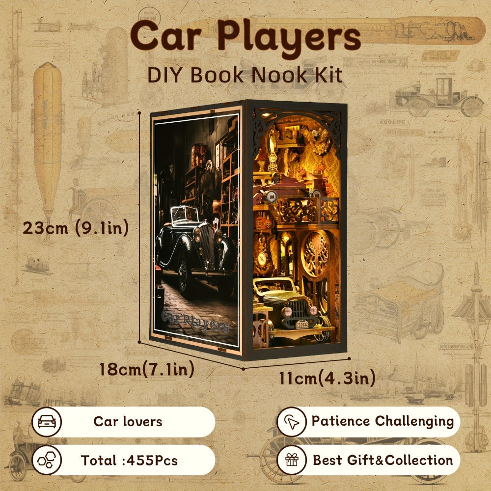 Car Players Book Nook Kit with 145-Piece Vintage Garage Scene, Warm Light and Clear Front Cover — image 2