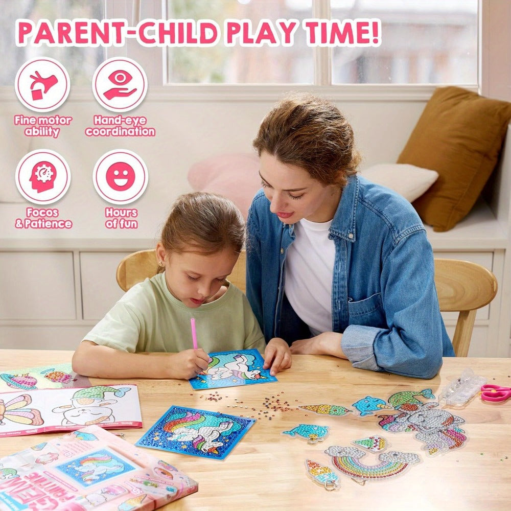 Diamond Gem Painting Kit for Girls Ages 6+ 16 Projects, 5D Gem Art Set with 2800+ Gems Unicorn Suncatchers Keychains Necklace