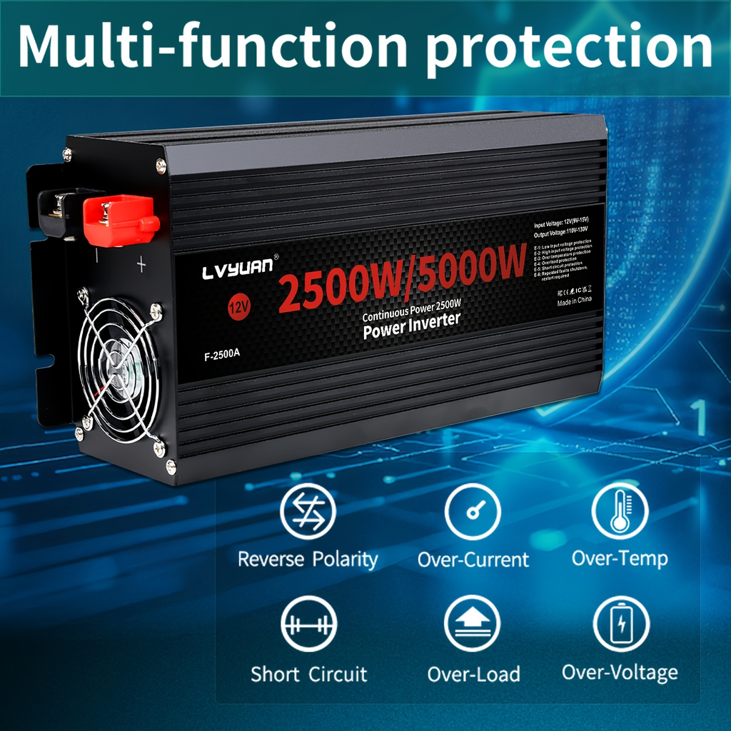 Black or Red 12V DC to 110V AC Power Inverter with 500W or 2500W Model Options, Display and USB Port — image 11