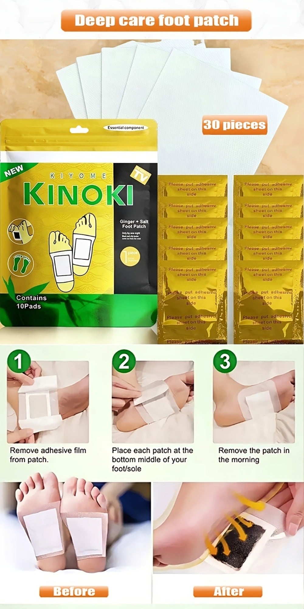 Foot Detox Pads 30 Pack Bamboo Vinegar Ginger Powder Natural Plant Ingredient Deep Cleansing Moisturizing Patches — image 16
