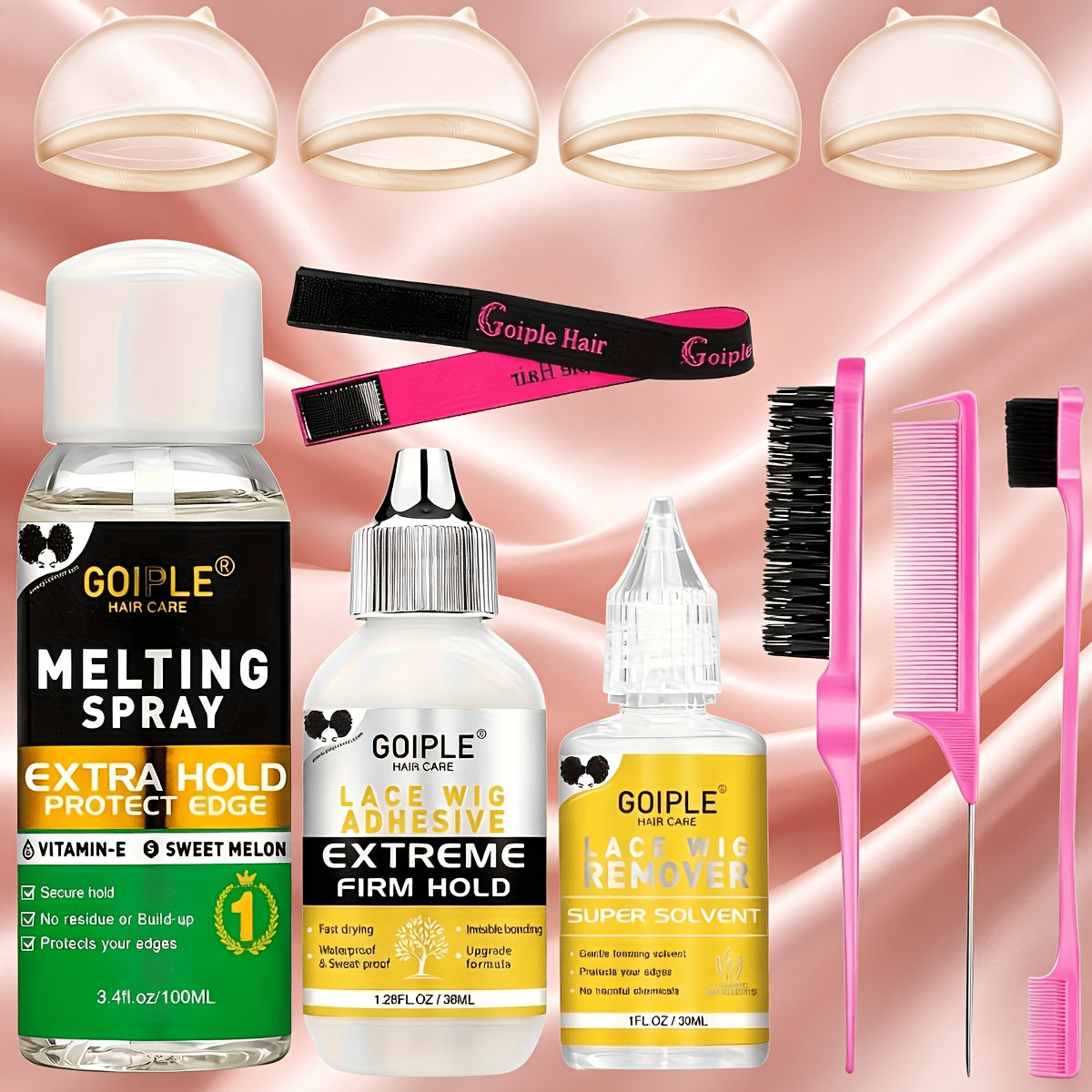 Wig Installation Kit in 9-Piece Glue or 14-Piece Styling Sets with Bands, Caps, Combs and Liquid Bottles — image 9