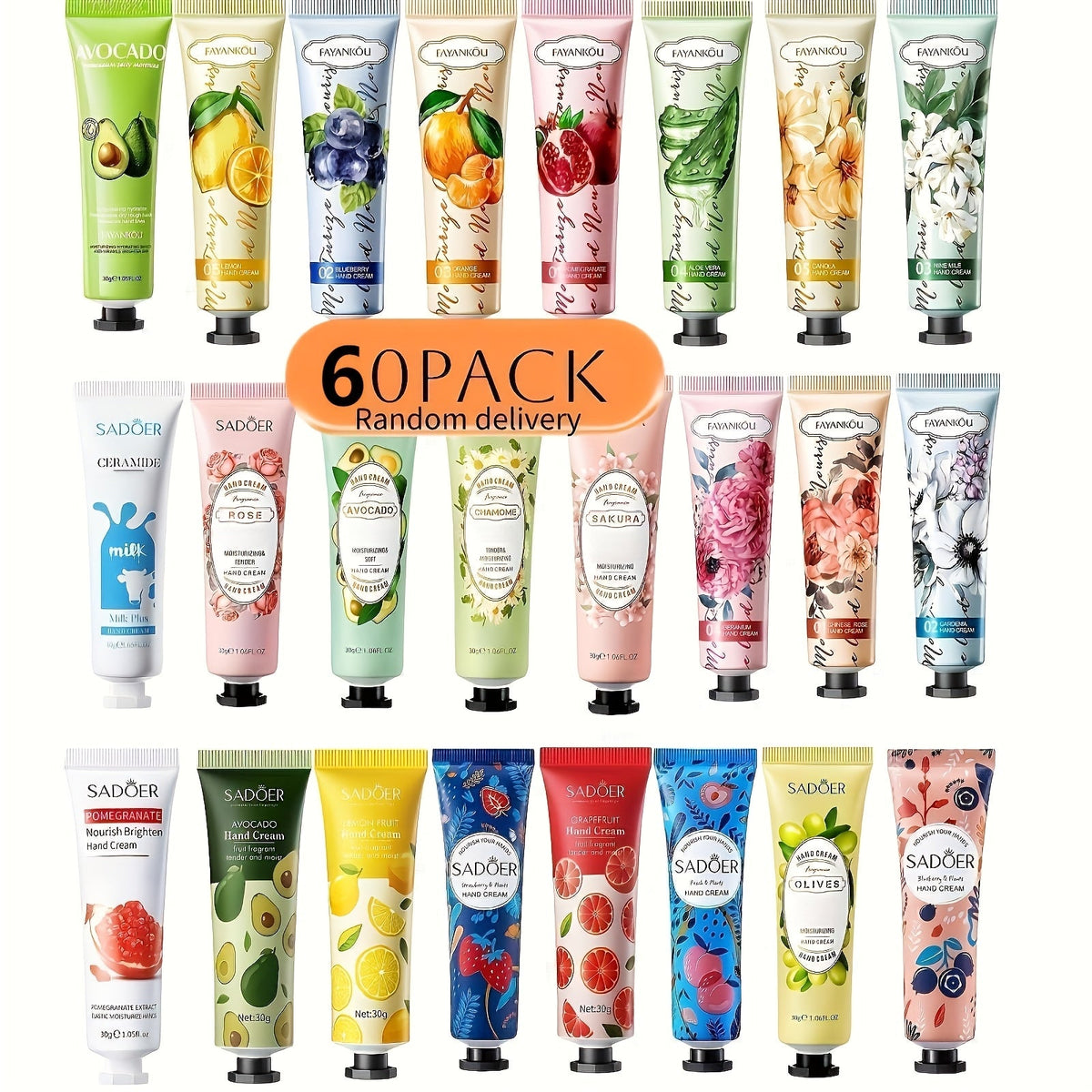 Sixty-Piece Travel Hand Cream Assortment with Random Fruit, Floral and Color-Printed Mini Tubes — image 10
