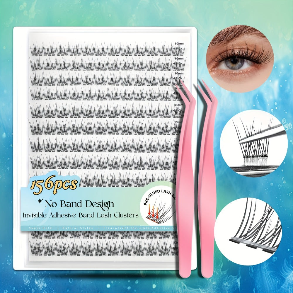 Pre-Glued Wispy False Eyelash Cluster Tray with 156 Clusters and Two Pink Applicator Tweezers — image 3