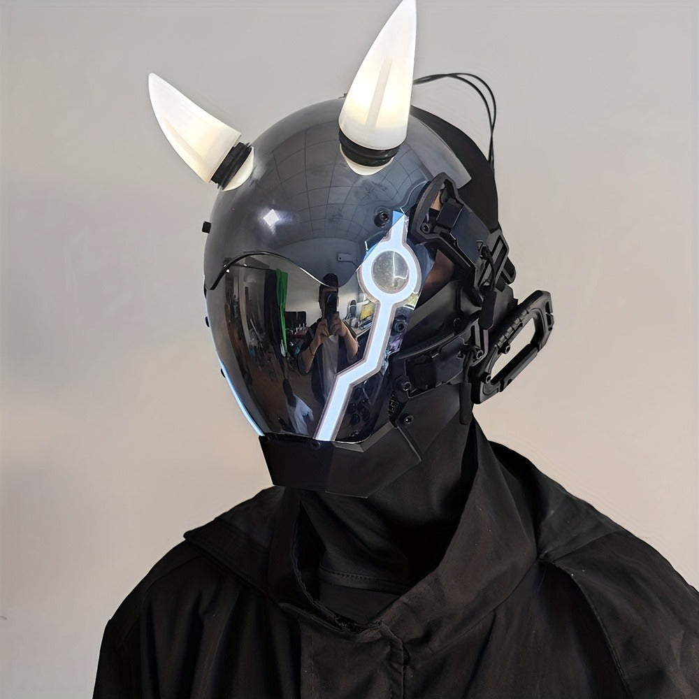 Pink LED Cyberpunk Costume Mask with Horned Full-Face Helmet, Reflective Visor and Lighted Accent Lines — image 7