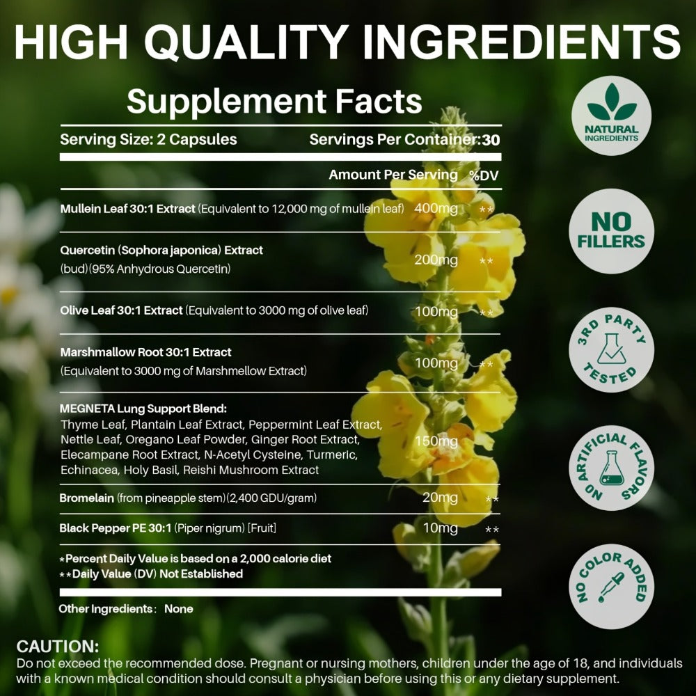 Mullein Leaf Lung Health Supplement with Quercetin, Bromelain, Vitamin C & D3, Zinc & Selenium — image 2