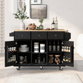 Kitchen trolley with rubber wood leaf countertop, 5-wheel kitchen island, storage cabinet and 3 dining drawers, black - V.I.P Digital Presence