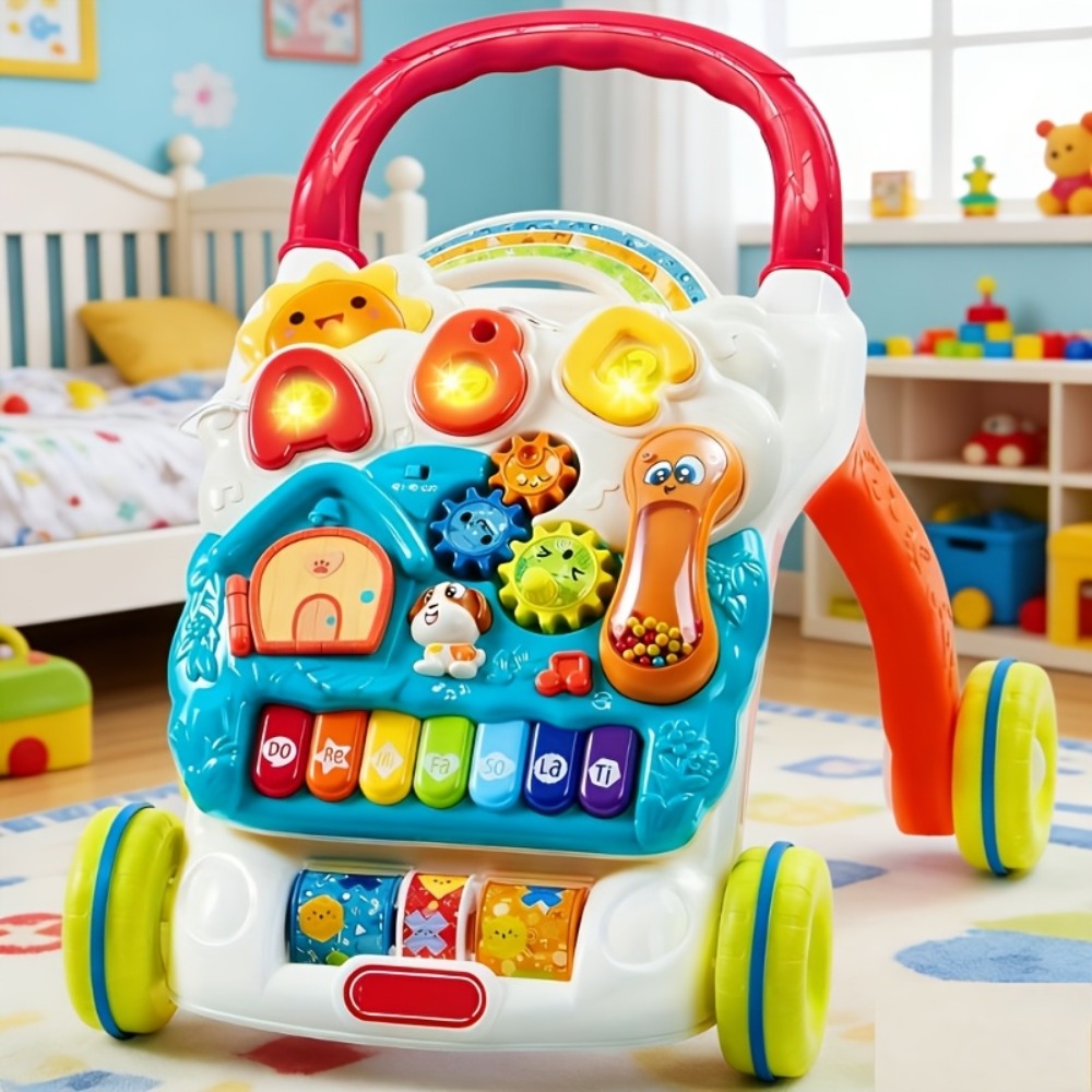 Sit to Stand Baby Push Walker 2-in-1 Adjustable Speed Learning Walker Detachable Play Panel 7-Mode Piano Light-Up Buttons Sou