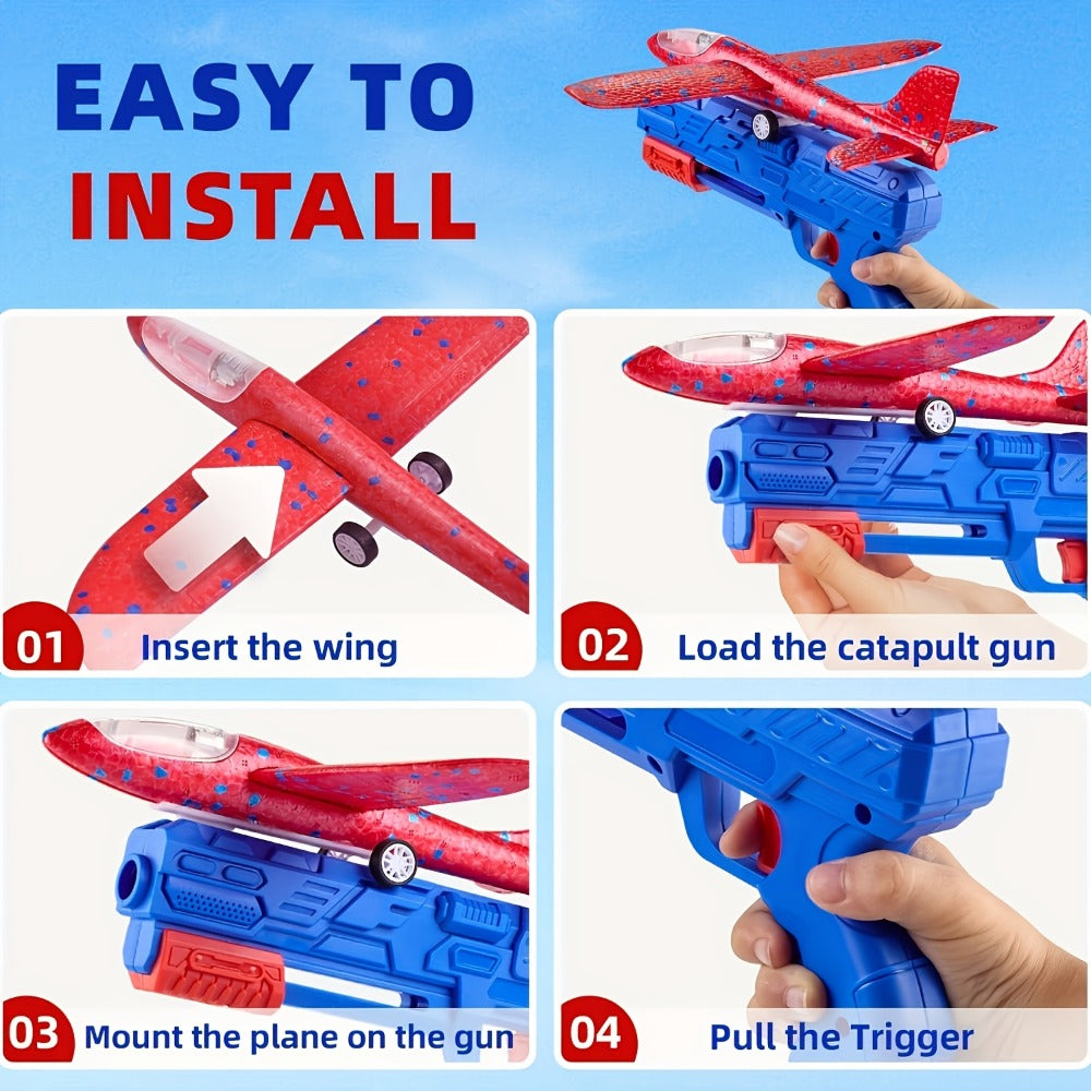Foam Airplane Launcher Toy Set with 3 Foam Planes & Catapult, 2 Flight Modes Outdoor Flying Glider Toy for Kids Boys Girls Ag