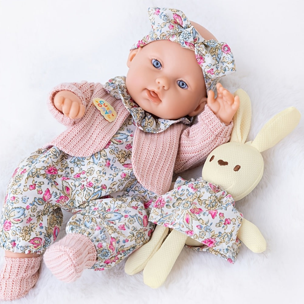 Floral Dress Baby Doll 12 Inch with Rabbit Plush Toy Gift Set, Realistic Vinyl Doll with Floral Outfit — image 2