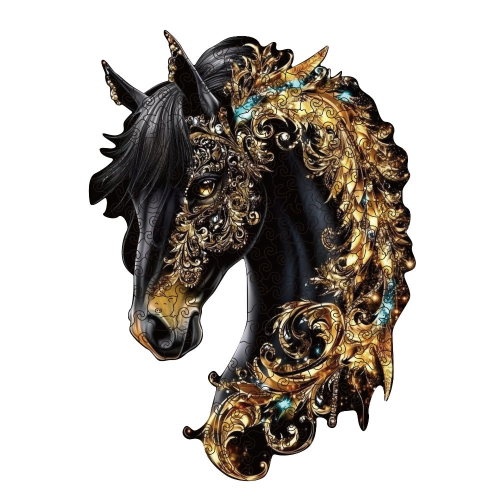 Ornate Horse Silhouette Wooden Jigsaw Puzzle with Gold-Tone Scrollwork in Three Size Options for Display — image 13