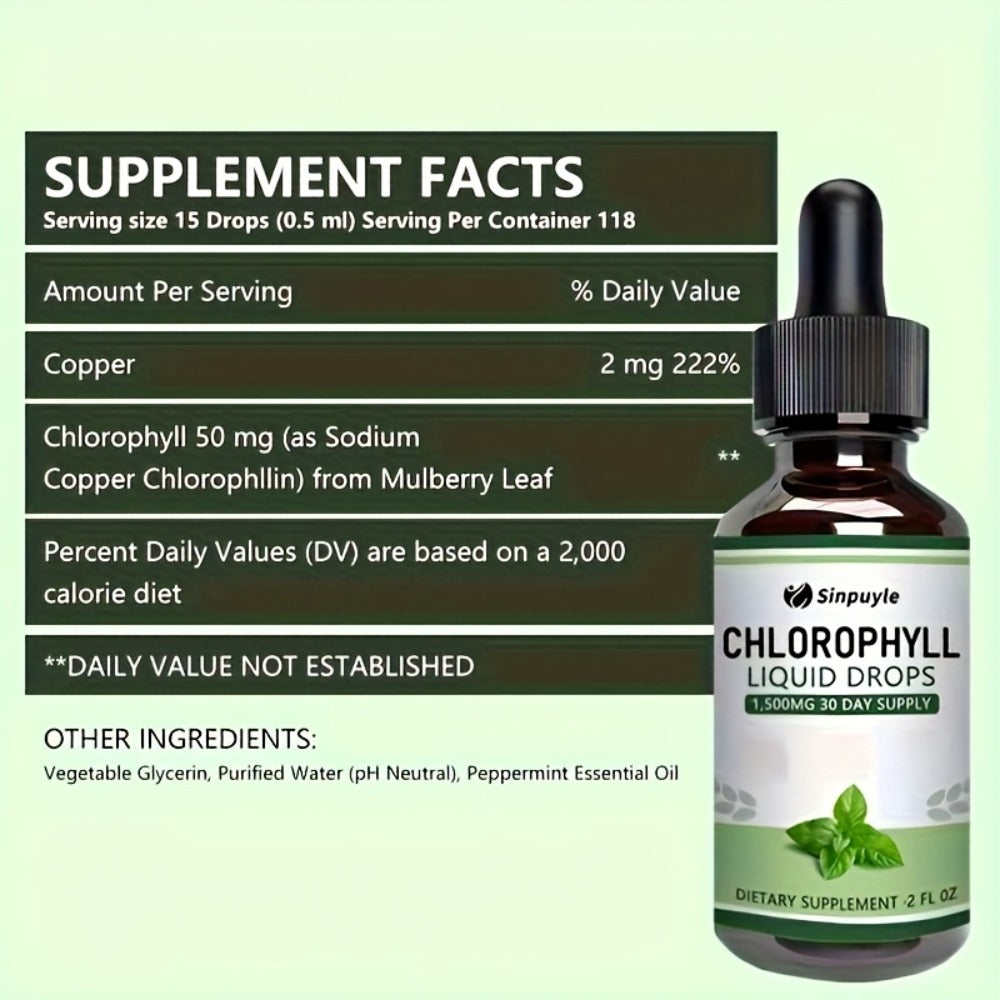 Chlorophyll Liquid Drops, Immune Support, Internal Deodoriser & Skin Health Supplement, Natural Mint Flavour — image 2