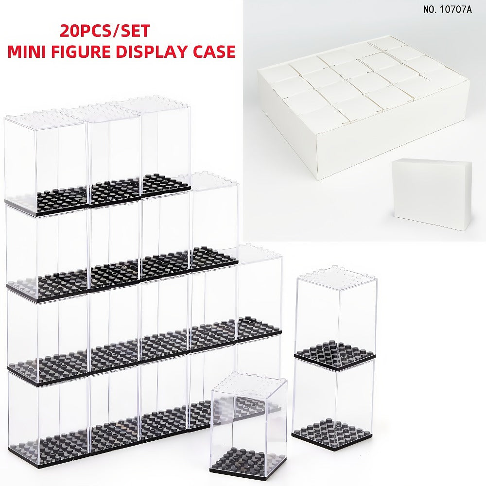 Minifigure Display Case 20-Pack – Clear Acrylic Stackable Storage Boxes for LEGO Figures, Action Figures & Collectibles | Dus