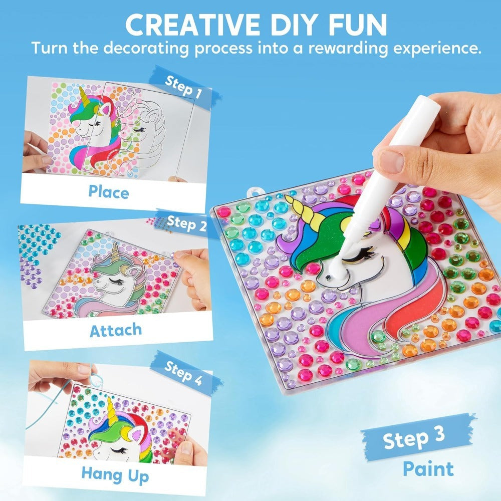 Suncatcher Painting Kit 4pcs for Kids, 2-in-1 Window Art with Gem Stickers & Paint Pens, Butterfly Unicorn Rainbow Sun Design
