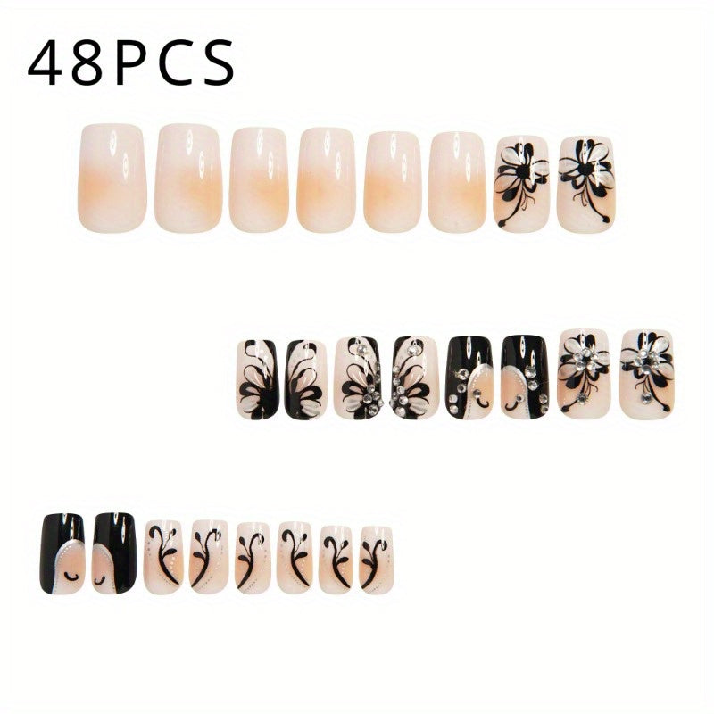 Press On Nails 48-Piece Medium Square Black and White Matte French Tip Butterfly Full-Cover Set — image 1