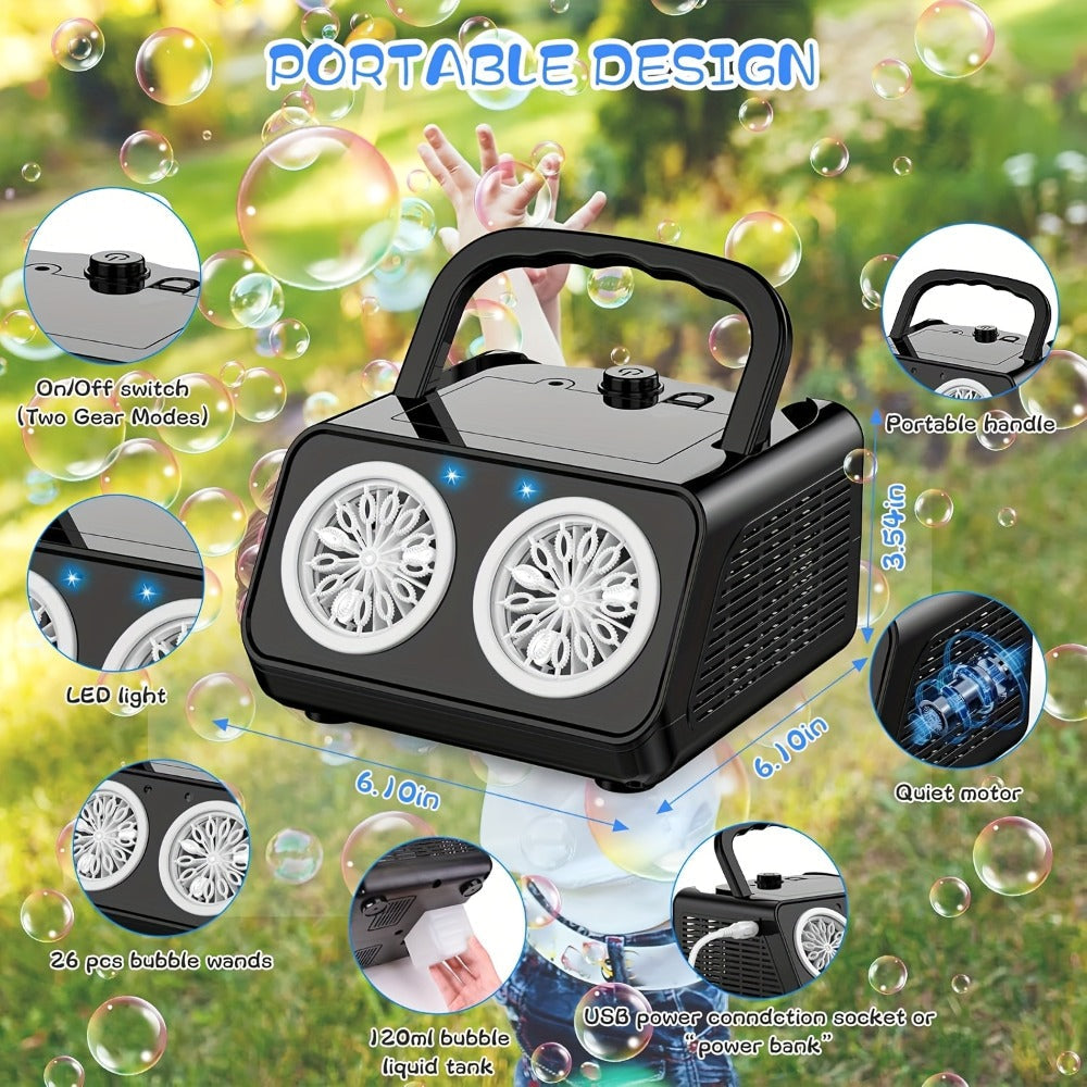 White Dual-Wheel Bubble Machine with Material Thickened Label, Handle, USB Port and Battery Compartment — image 3