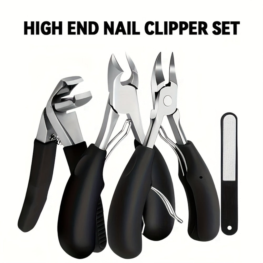Angled Nail Clipper Set, Four Black-Handle Clipper Tools with Curved Jaws, File and Round Accessory — image 9