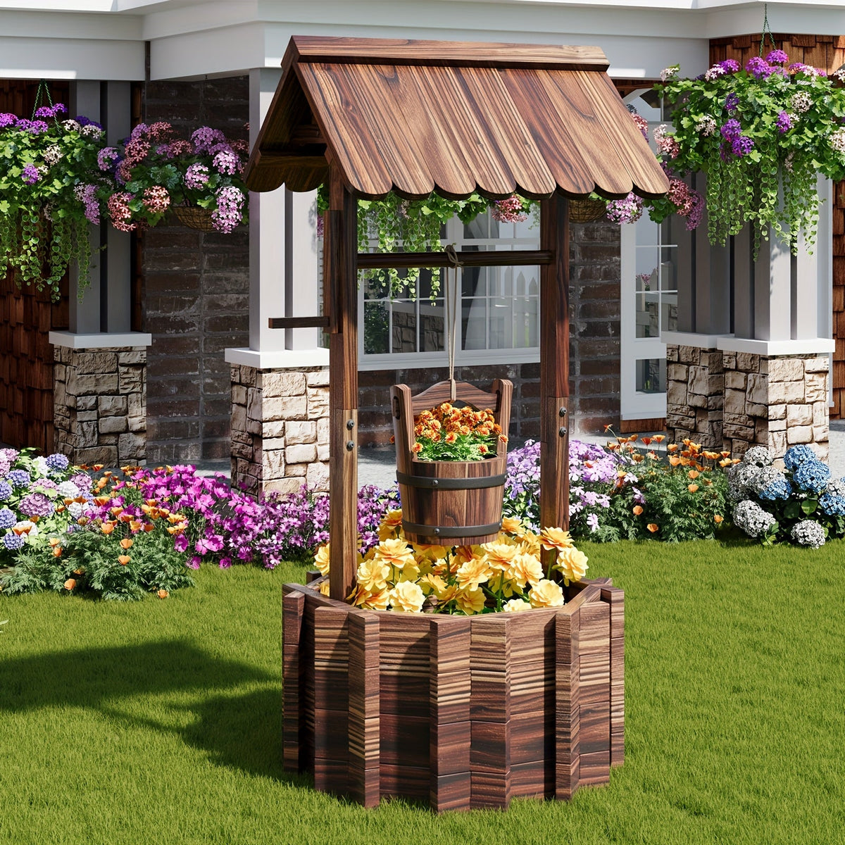 Wishing Well Planter Outdoor Wooden Rustic Garden Decor with Hanging Bucket Barrel Style for Patio Lawn Yard — image 1