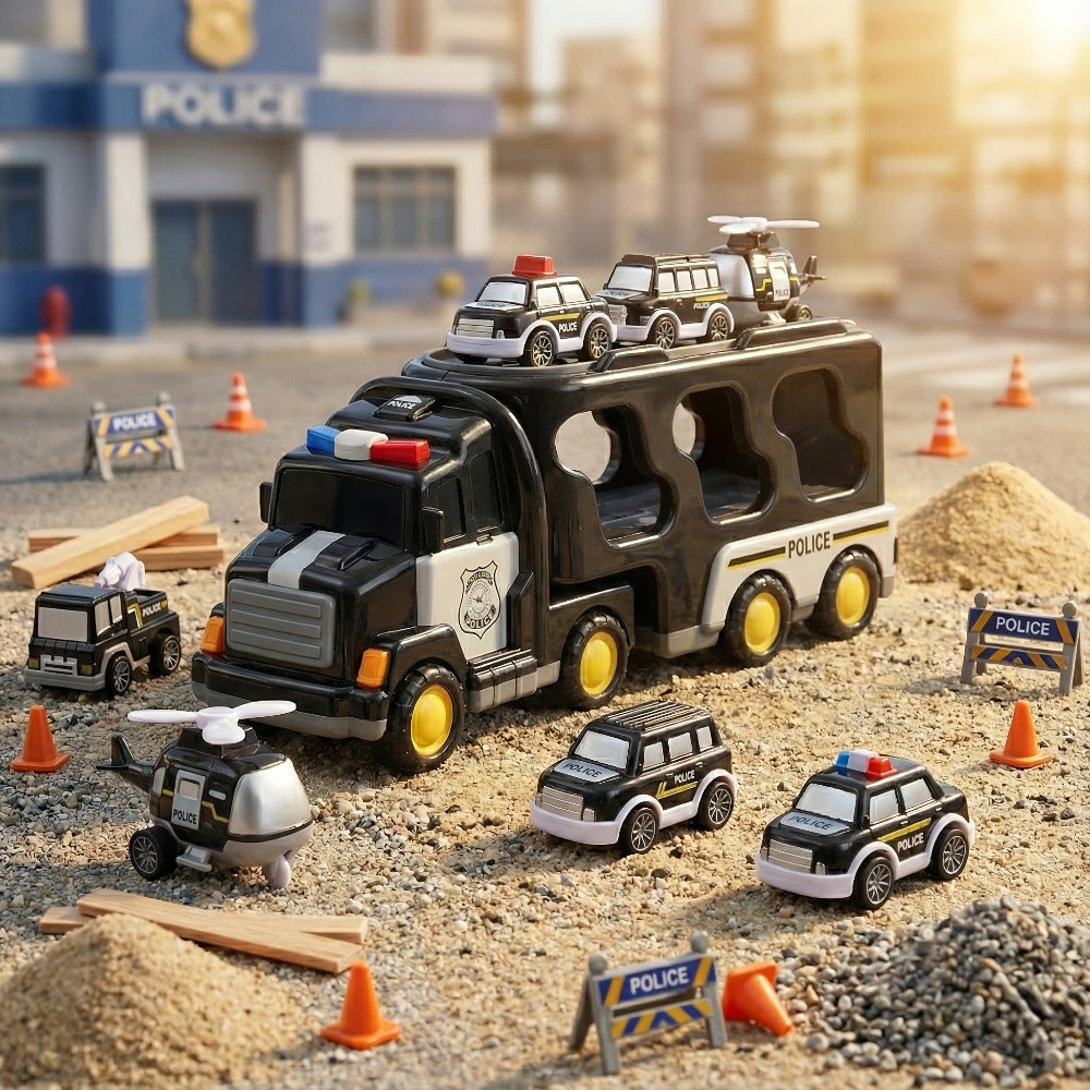 7-in-1 Kids Car Toy Set 7pcs with Playmat, Large Vehicle + 6 Mini Cars Ambulance Police Fire Truck Engineering — image 11