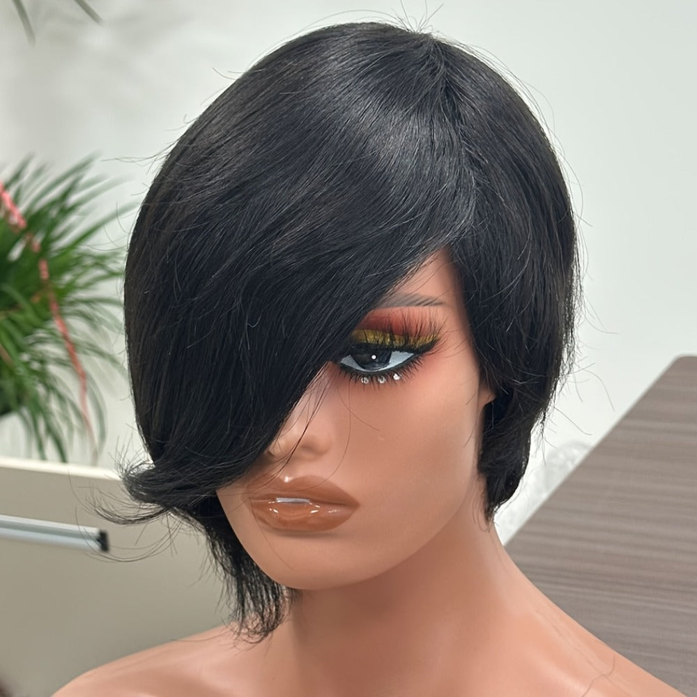Layered Pixie Human Hair Wig with Side Bangs in #4 Brown, #99J Burgundy or #1 Black Color Options — image 7