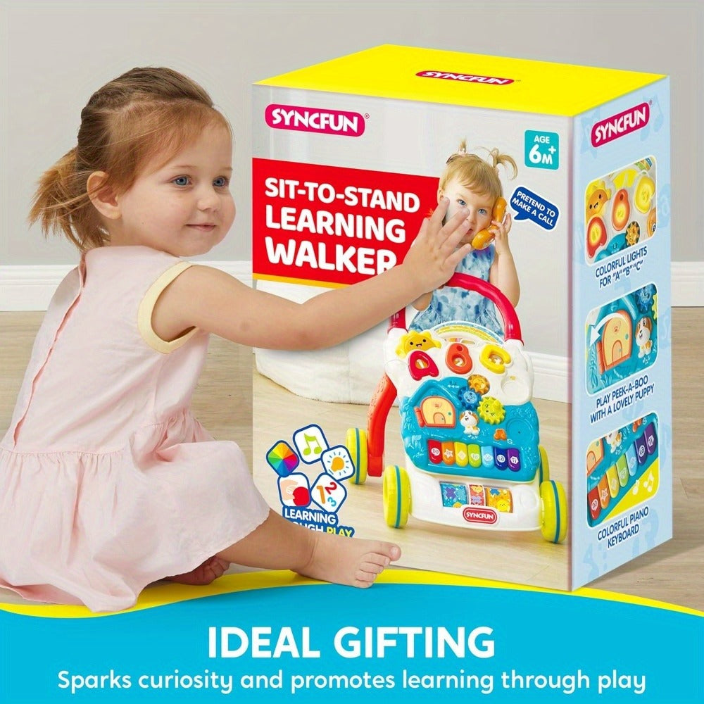 Sit to Stand Baby Push Walker 2-in-1 Adjustable Speed Learning Walker Detachable Play Panel 7-Mode Piano Light-Up Buttons Sou