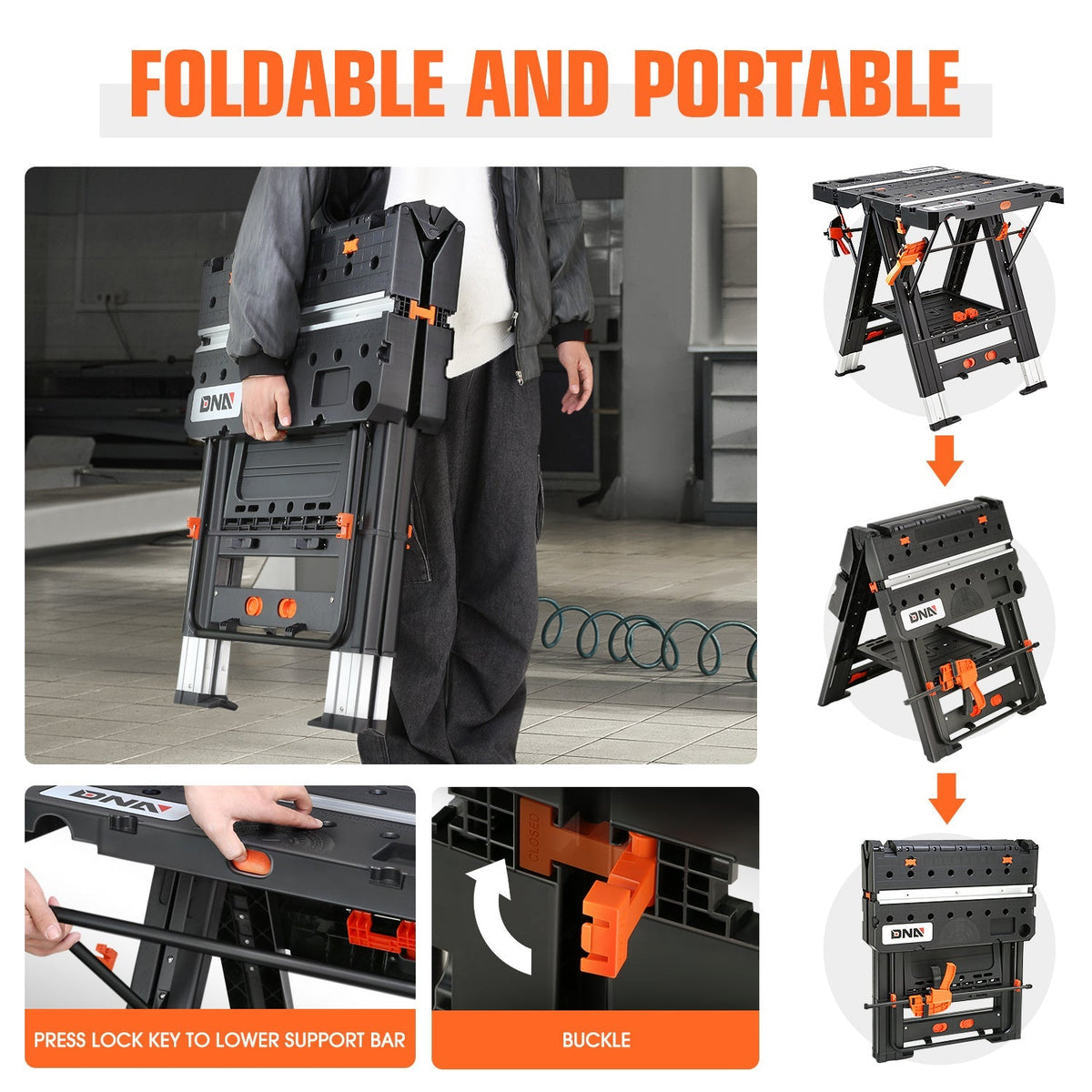 Orange-and-Black Folding 31.1 x 25-Inch Workbench and Sawhorse with Clamps, Blocks and Tool Tray — image 6