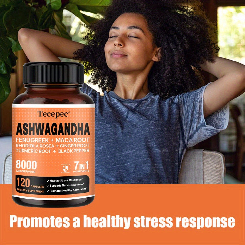 Ashwagandha Capsules 7-in-1 Adaptogen Blend 120ct with Maca Root Rhodiola Rosea Ginseng for Bath Time, Home Spa and Personal 