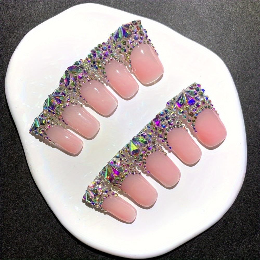 Press On Nails 10-Piece Long Duckbill Set with Nude French Tips, AB Diamond Finish and Nail Tools — image 3