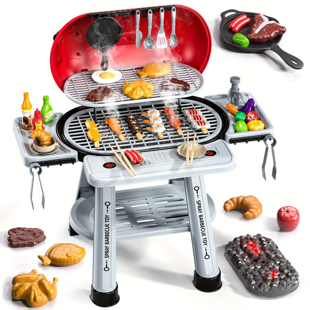 Kids BBQ Grill Playset Two-Tier for Grilling, Camping and Outdoor Meals with Toy Food Meats Fruits Spices & Working Water Tap