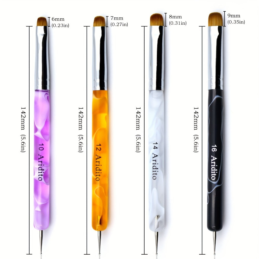 Nail Art Brush Set 4pcs Fine Tip Detail Brushes with Dotting Tool – Nylon Bristle Precision Manicure Brushes #10 #12 #14 #16 