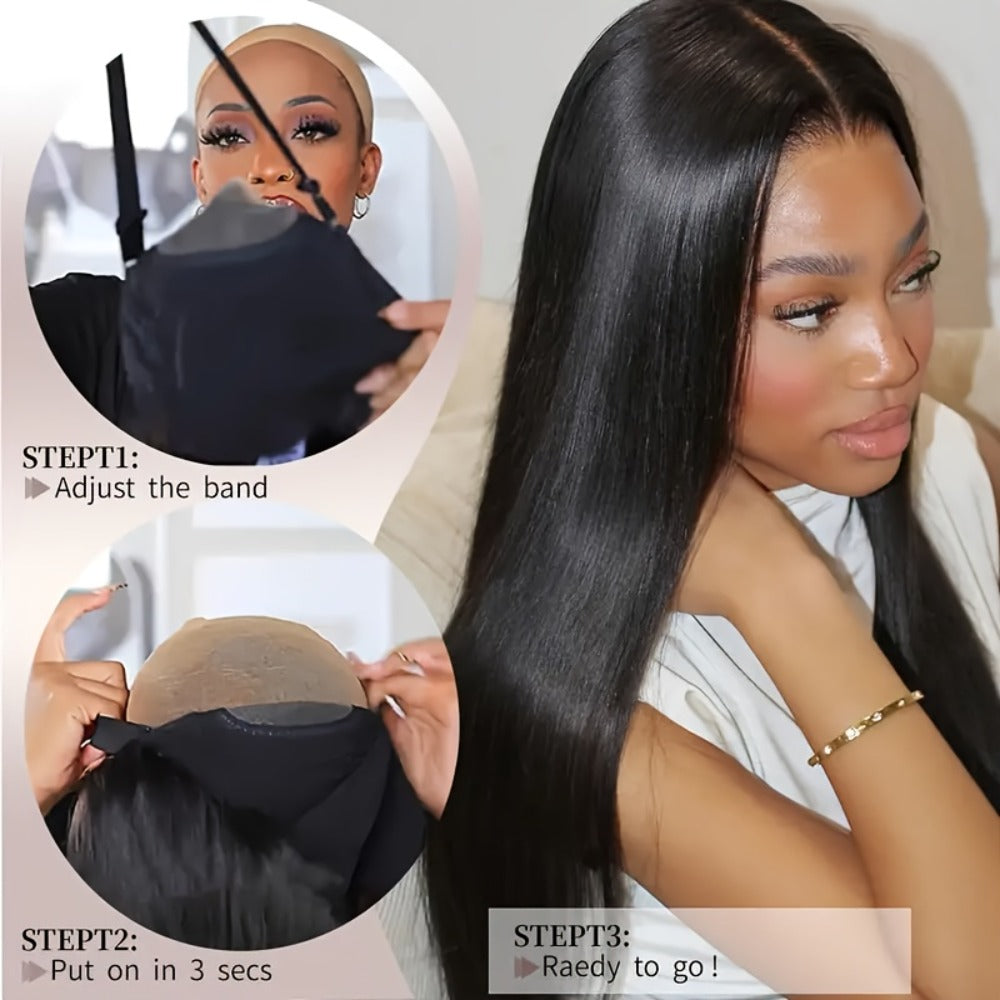 Put On and Go Wig 6x4.5 HD Lace Human Hair Straight 250% Density Glueless Pre-Plucked Pre-Cut Pre-Bleached Knots Long Straigh