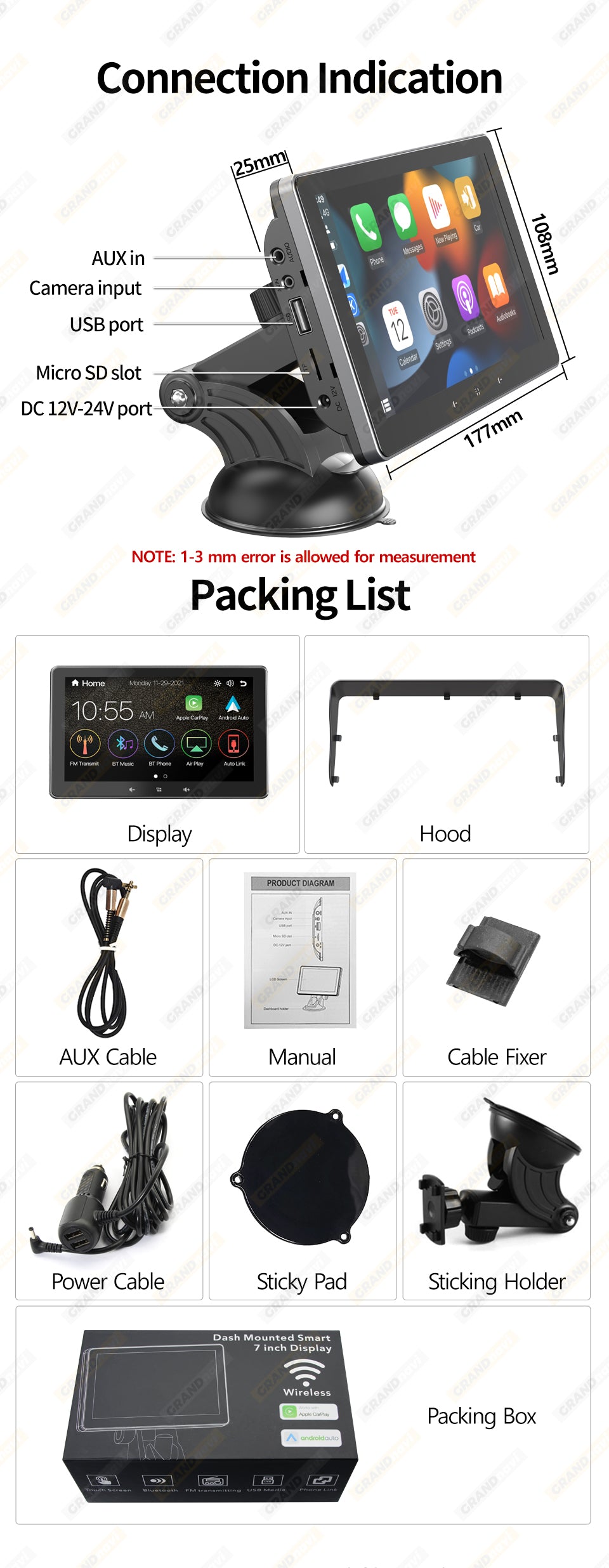 7 Car Wireless CarPlay Display Cigarette Lighter Interface Suction Cup Universal