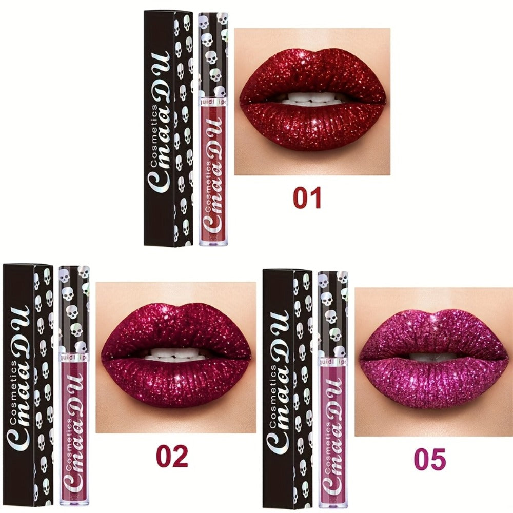 Glitter Lip Gloss Set 3pcs Skull Design Shimmer Liquid Lipstick Long Lasting Easy Remove Bold Shiny Lip Color for Music Festi