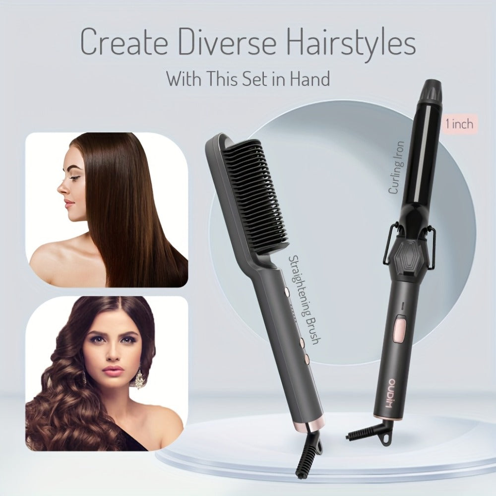 Hair Straightener & Curling Iron Set for Women, Flat Iron Straightening Brush, Anti-Scald, Precise Temperature Control — imag