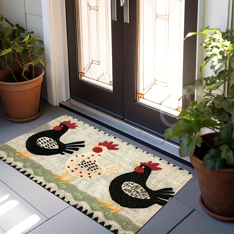 Rooster Print Door Mat with Light Striped Field and Fringed-Look Border in Three Rectangles or One Runner — image 7