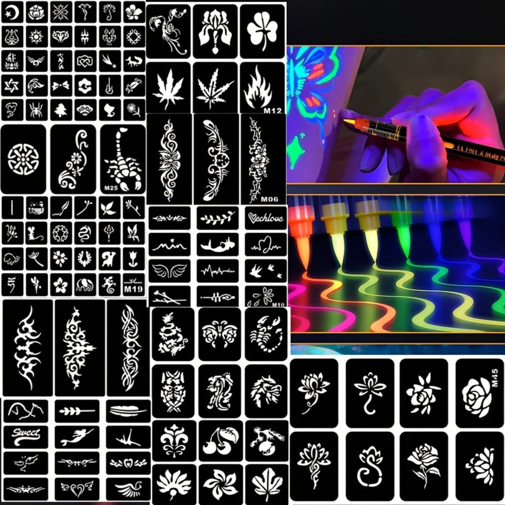 Face Body Paint Pen Set 8 Colors with 105 Tattoo Stencils, Glow in the Dark Neon UV Blacklight Face Paint — image 4