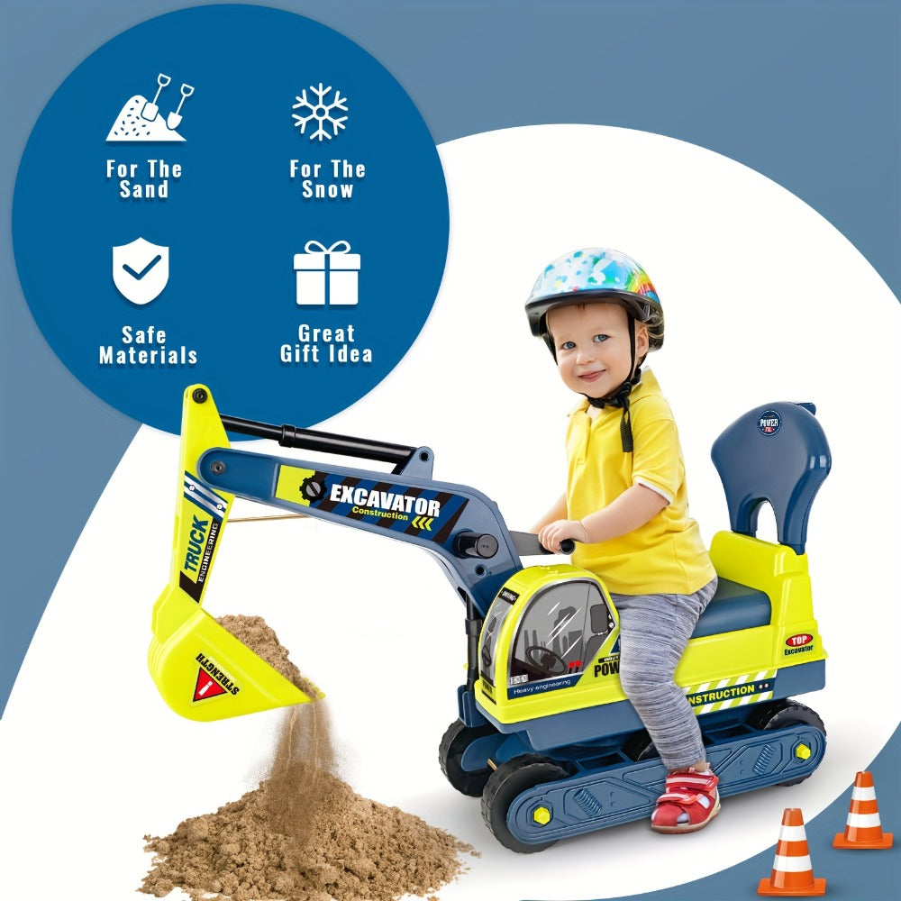 Kids Ride On Excavator Toy Large Beach Sand Digger with Working Scoop Arm, Outdoor Engineering Construction Toy for Toddlers 