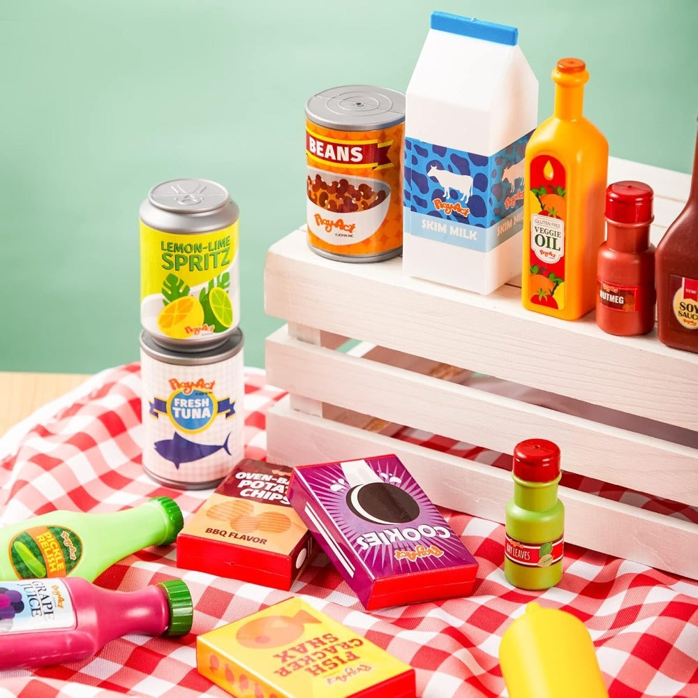 30 Pcs Play Food Grocery Cans Set - Pretend Kitchen Toy with Drinks, Juice, Snacks & Yogurt, Safe — image 9