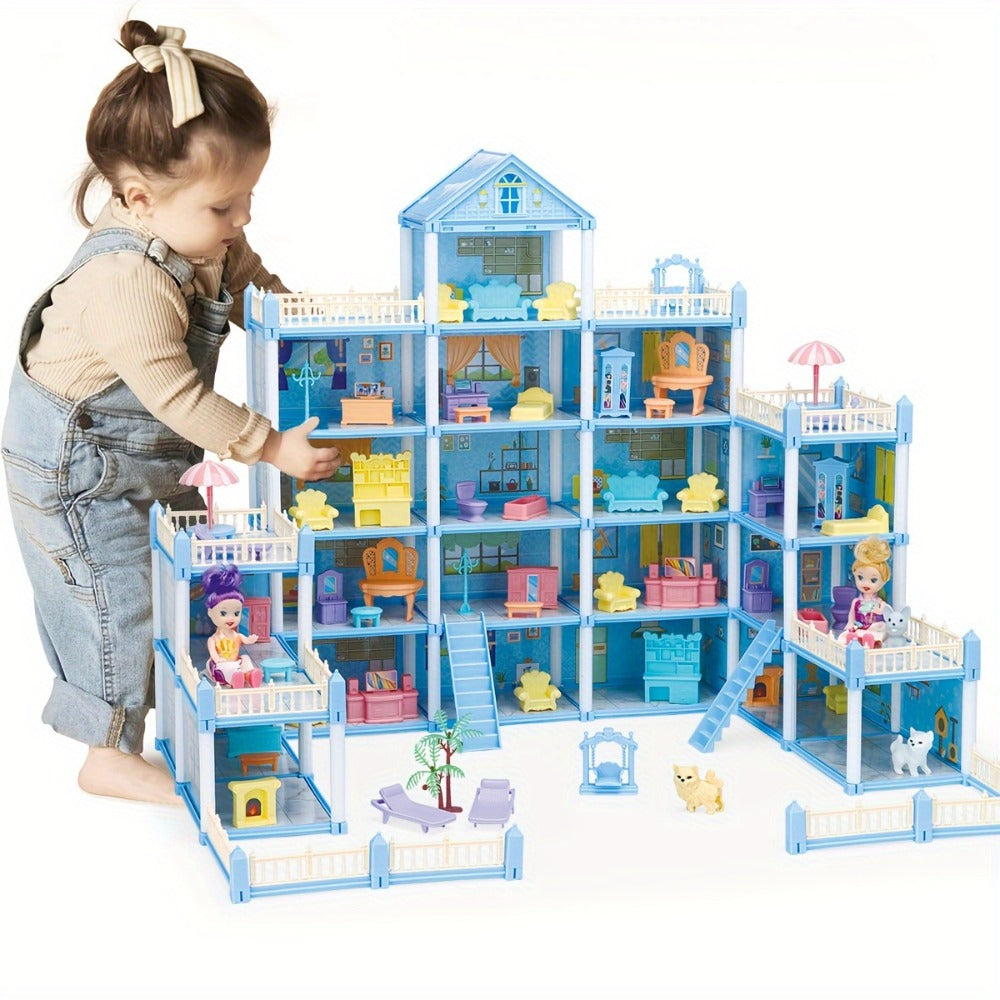 Princess Doll House Castle with Furniture & Accessories, Pink or Blue Mini Villa Playset 14 to 27 Rooms — image 8